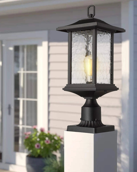 Outdoor Dusk to Dawn Post Light 21 Inch Exterior Lamp Post Lantern with pier mount base, black cast aluminum, water glass.