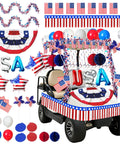 All American Patriotic Parade Decor Kit With 46 Pieces For 4th Of July Celebrations For Golf Carts Bikes Boats And Floats In Red White And Blue USA Pride 250th Anniversary Party Decorations featuring a decorated golf cart with balloons, flags, and bunting in red, white, and blue.