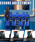 Three Eighth Inch NPT Compressed Air Filter Regulator Lubricator Combo With Dryer And Oil Water Separator, pressure adjustment steps