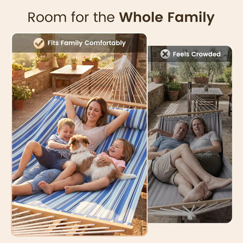 Two Person Double Hammock With Spreader Bar For Patio And Backyard Use 500 Lbs Capacity with family lounging comfortably