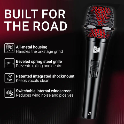 Dynamic Microphone With On Off Switch For Singing Speech And Instruments Handheld XLR Vocal Mic For Live Gigs And Studio Recording Supercardioid Pattern Rugged All Metal Housing featured with text built for the road.