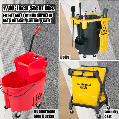 Heavy Duty 4 Inch Swivel Casters Featuring No Sweat Setup on Rubbermaid mop bucket and laundry cart for easy mobility.