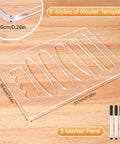 Five Piece Router Template Set with 6 styles, 30.1cm by 19.4cm clear stencils, 3 marker pens for easy board crafting.