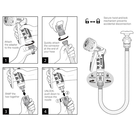 Illustrated installation guide for Metal Front Trigger Hose Sprayer With 6 Pattern Turbo Nozzle For Garden And Lawns Jet Mist Soaker Flat Shower Modes Heavy Duty Quick Connect Set Durable Aluminum Core Built To Last And Make Watering Easy