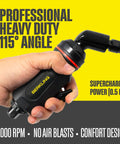 Professional Heavy Duty Quarter Inch Air Die Grinder With 115 Degree Angle, shown in hand, highlighting compact design and power.