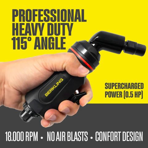 Professional Heavy Duty Quarter Inch Air Die Grinder With 115 Degree Angle, shown in hand, highlighting compact design and power.