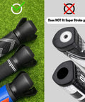 3 Prong Golf Ball Retriever Grabber With Back Saver Claw on putter grips and not compatible with Super Stroke grips, showing fit variations.