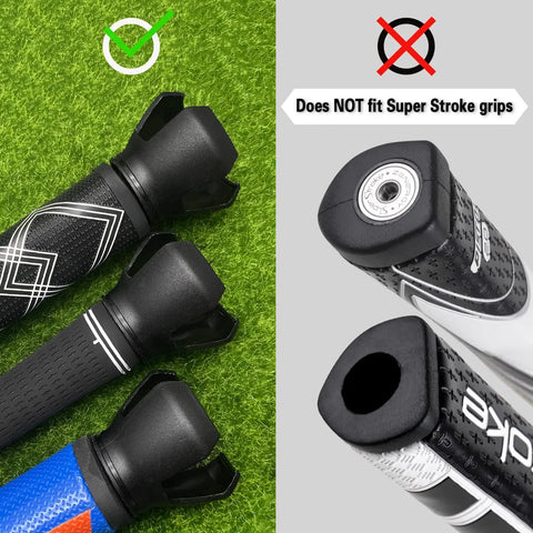 3 Prong Golf Ball Retriever Grabber With Back Saver Claw on putter grips and not compatible with Super Stroke grips, showing fit variations.