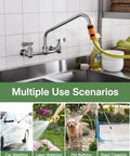 CENOSA Wall Mount Faucet 8" Center, Commercial Sink Faucet with 14" Spout installed with hose attachment for various tasks.