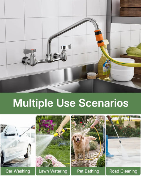 CENOSA Wall Mount Faucet 8" Center, Commercial Sink Faucet with 14" Spout installed with hose attachment for various tasks.