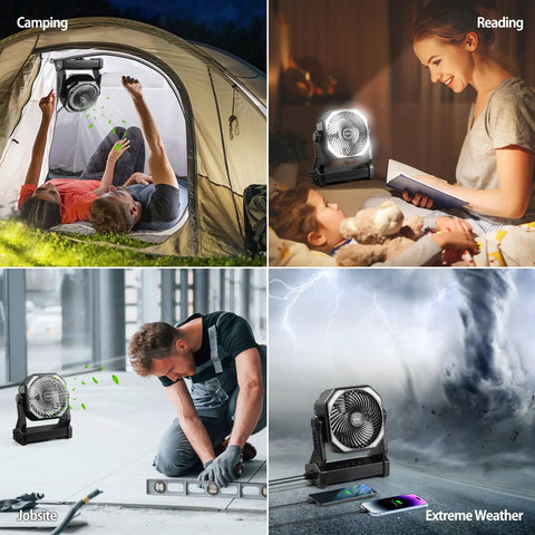 20000mAh Battery Powered Camping Fan With 58 Hours Of Runtime 400 Lumen Light 360 Degree Hanging Hook Ultra Quiet Portable USB C
