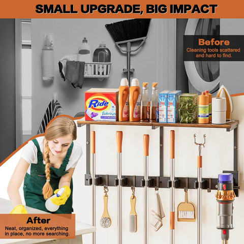 All In One Broom Holder Wall Mount With Cleaning Supplies Organizer for laundry room storage shelves and mop hanger rack