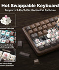 Premium Solid Walnut Wood 75 Percent Wireless RGB Mechanical Gaming Keyboard Featuring Dope Hot Swap Caps And Fire Backlighting, showing hot-swappable switches.