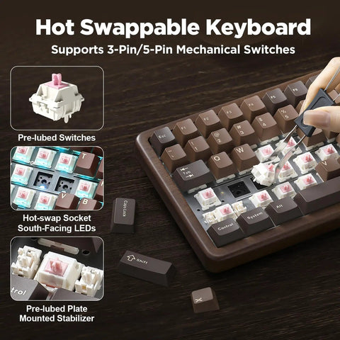 Premium Solid Walnut Wood 75 Percent Wireless RGB Mechanical Gaming Keyboard Featuring Dope Hot Swap Caps And Fire Backlighting, showing hot-swappable switches.