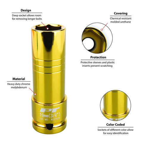 Half Inch Impact Drive Thin Wall Socket 19mm And Three Quarter Inch Gold Finish Built Tough With Chrome Molybdenum Color Coded