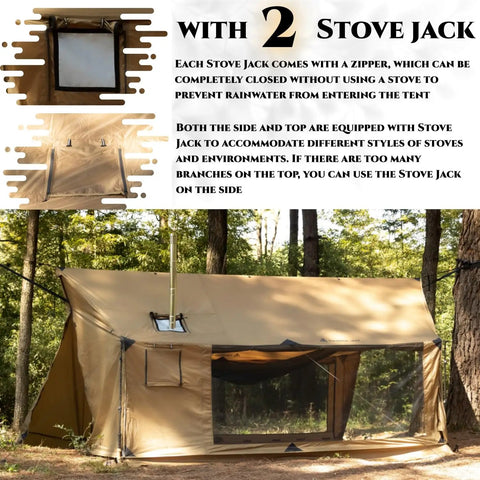 Hammock Ready Hot Tent With Stove Jack And Double Sided Mesh Windows for all season camping, showing stove jack and mesh window
