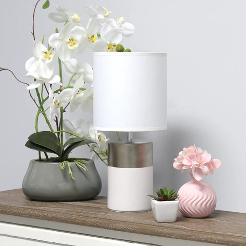 Two Tone Porcelain Bedside Table Lamp With White Fabric Shade In Silver And Off White Bulb Not Included 40W Equivalent Candelabra Nightstand