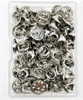 Premium Lock Pin Backs For Lapel Pins Nickel Plated Brass 50 Pack Secure Metal Clutch Fasteners in clear storage box.
