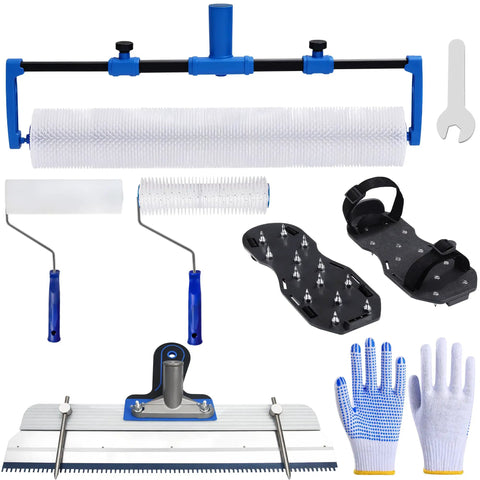 18 Inch Self Leveling Cement Tool Kit With Pro Grade Adjustable 12 To 18 Inch Roller Frame, Spike Roller Set, Epoxy Shoe Spikes, Gloves