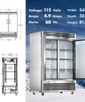 Workhorse 54 Inch Reach In Commercial Refrigerator Brings 49 Cubic Feet Of Upright Storage with two solid doors and stainless steel finish.