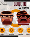 Oil Tanned Premium Heavy Duty Tool Belt With Padded Belt And 22 Pockets For Construction Carpenters Craftsmen And Electricians In Maroon Size X Large Durable For Pros, shown front and top views