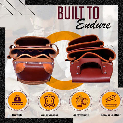 Oil Tanned Premium Heavy Duty Tool Belt With Padded Belt And 22 Pockets For Construction Carpenters Craftsmen And Electricians In Maroon Size X Large Durable For Pros, shown front and top views