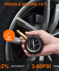 2-inch tire pressure gauge with brass nozzle and black protective bezel, 3–60 PSI range