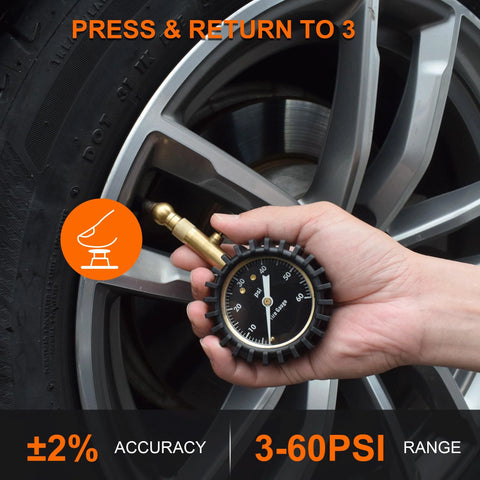 2-inch tire pressure gauge with brass nozzle and black protective bezel, 3–60 PSI range