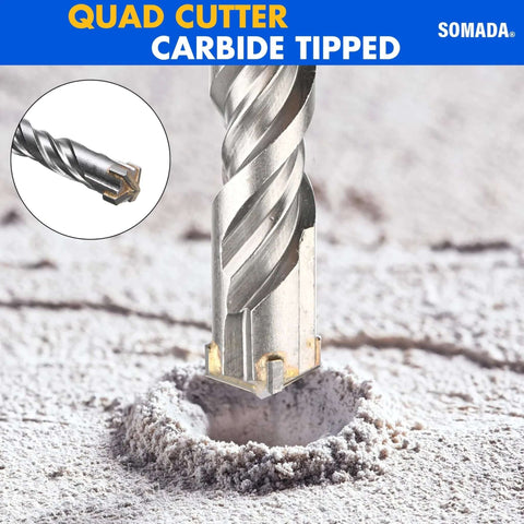 SOMADA 1in x 39in SDS Plus long drill bit with four carbide cutters; front view drilling into concrete.