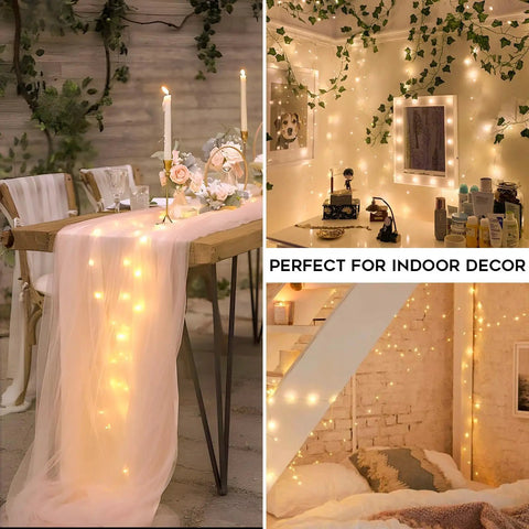 Grab These Super Cool Battery Operated Fairy Lights With Remote For Your Holiday Setup Featuring 33 Feet Of 100 LED Dimmable Twinkle String Lights Complete With Timer Waterproof Copper Wire Ideal For Bedroom Christmas Tree And Indoor Outdoor Decor In. Decoratively placed on a dining table and bedroom corner