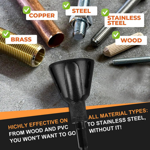 Built Tough Three Sixteenths To One Inch External Chamfer Tool With Rock Solid Tungsten Carbide Blade among steel, copper, and brass bolts.