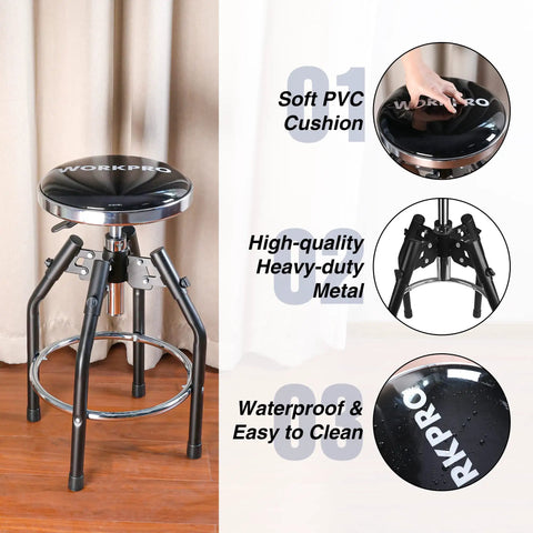 Heavy Duty Adjustable Hydraulic Shop Stool With 360 Degree Swivel For Garage Bar Seating, black soft PVC cushion