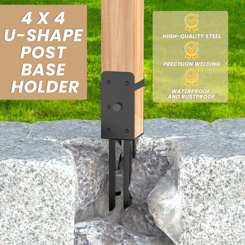 4 Pack Heavy Duty U-Shape Fence Post Holder Brackets For Wet Concrete Installations, 4x4 Posts, Actual 3.6x3.6, Post Base Anchor For Fence, Deck Railing, And Pergola Construction