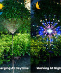 Solar Garden Firework Lights 6 Pack Waterproof Outdoor 120 LED Sparklers charging in sun and glowing at night in garden
