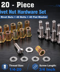 120-piece kit including 40 rivet nuts, 40 bolts, and 40 flat washers for the 40-Piece 1/4-20 Rivet Nut and Bolt Hardware Kit.
