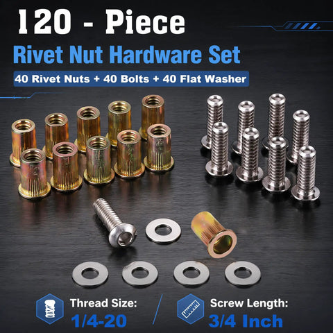 120-piece kit including 40 rivet nuts, 40 bolts, and 40 flat washers for the 40-Piece 1/4-20 Rivet Nut and Bolt Hardware Kit.