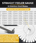 Gnellkoor stainless steel feeler gauge set with 32 straight and 16 angled blades; imperial/metric (in/mm) scales