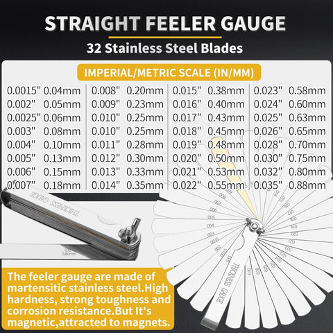 Gnellkoor stainless steel feeler gauge set with 32 straight and 16 angled blades; imperial/metric (in/mm) scales