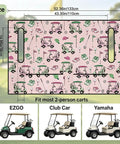 Hella Comfy Golf Cart Seat Covers With Deep Storage Pockets For Two Passenger Carts showing vibrant pink design and dimensions, fits EZGO, Club Car, Yamaha.