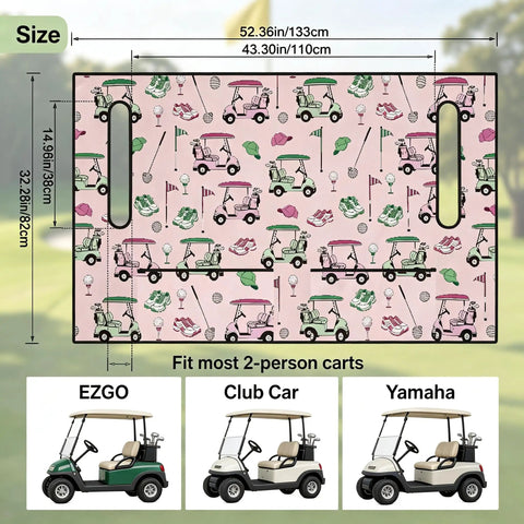 Hella Comfy Golf Cart Seat Covers With Deep Storage Pockets For Two Passenger Carts showing vibrant pink design and dimensions, fits EZGO, Club Car, Yamaha.