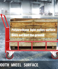 Beefy Heavy Duty Scaffolding Wheels Set Of 4 8 Inch Red Polyurethane Casters With Brakes on a red cart with wooden pallet