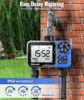 Two Zone Hose Timer With Independent Outlets Rain Delay Manual Watering And Programmable Schedule attached to brick wall