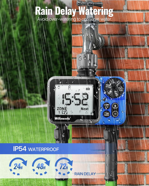 Two Zone Hose Timer With Independent Outlets Rain Delay Manual Watering And Programmable Schedule attached to brick wall
