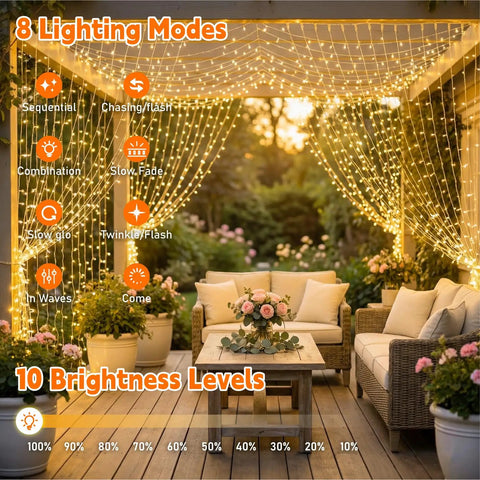 Cozy Bedroom Curtain Lights 200 LED Fairy String Lights 6.6x6.6 Feet Warm White With Remote on garden patio