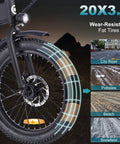 Close-up of 20-inch fat tire on Folding Fat Tire Electric Bike For Adults with 20 MPH speed and wear-resistant feature.