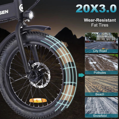 Close-up of 20-inch fat tire on Folding Fat Tire Electric Bike For Adults with 20 MPH speed and wear-resistant feature.