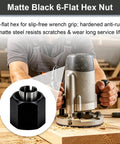 Heavy Duty Router Collet Set Packing 1/2 And 1/4 Inch Bushings For Weekend Warriors And Tool Shed Pros ALike, matte black hex nut, close-up.