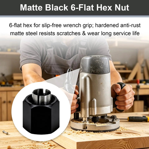 Heavy Duty Router Collet Set Packing 1/2 And 1/4 Inch Bushings For Weekend Warriors And Tool Shed Pros ALike, matte black hex nut, close-up.