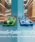 Endless 15 Foot Flexible Race Track For Kids With Dual Color Track Design And 3 Cars, green and blue cars racing