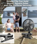 10000mAh Clip On Fan With 42 Hour Run Time Beast Mode Cooling on table near RV camping site